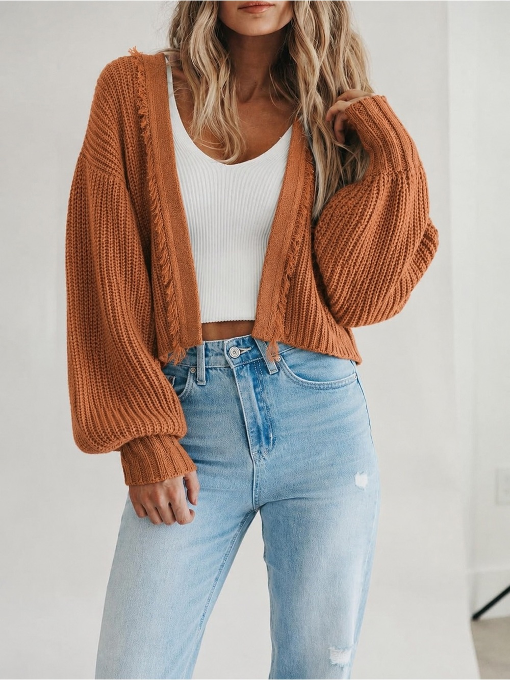 Gilded Intent Fringe Balloon Puff Sleeve Cardigan Oversized Sweater Western